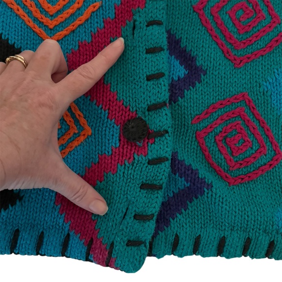 Vintage 80’s L'EAU VIVE Funky Multi-pattern Geometric Knit Long Cardigan sz L - Picture 6 of 7